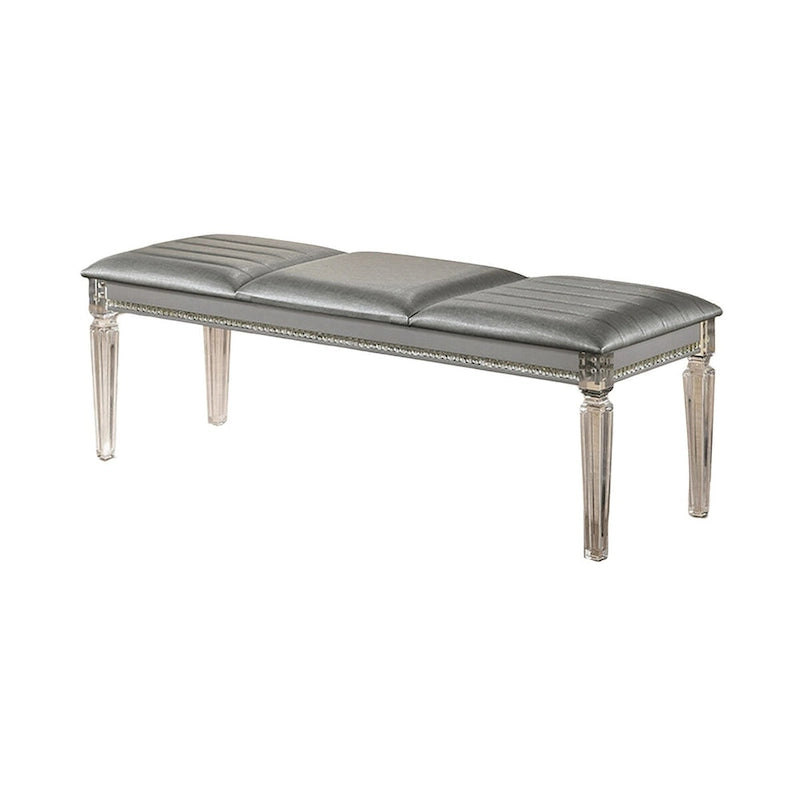 Banc moderne rembourré de 54 po, pieds en acrylique transparent, accents de cristal