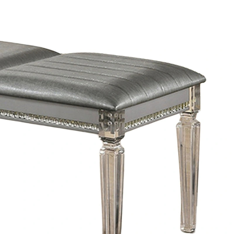 Banc moderne rembourré de 54 po, pieds en acrylique transparent, accents de cristal