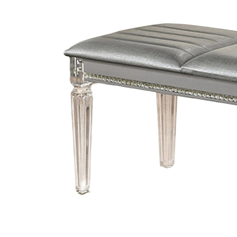 Banc moderne rembourré de 54 po, pieds en acrylique transparent, accents de cristal