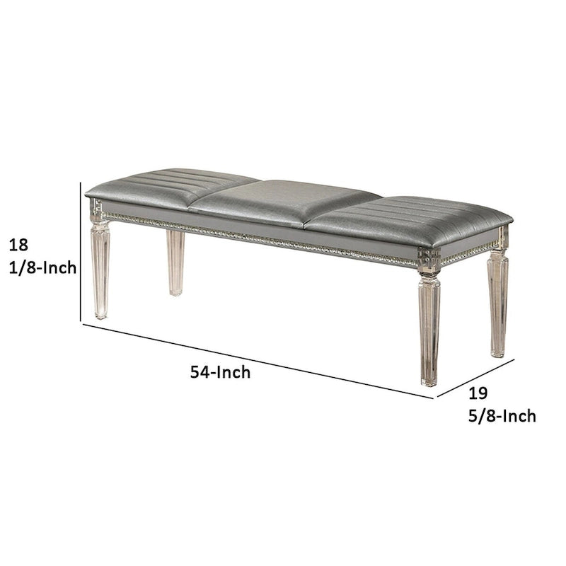 Banc moderne rembourré de 54 po, pieds en acrylique transparent, accents de cristal