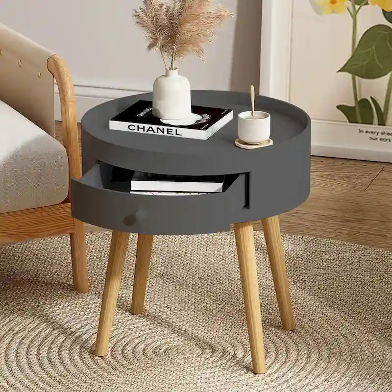 Table basse moderne avec tiroir, table de chevet, table d'appoint de canapé, pieds de table en chêne, convient pour le salon et la chambre à coucher, gris