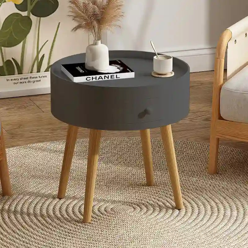 Table basse moderne avec tiroir, table de chevet, table d'appoint de canapé, pieds de table en chêne, convient pour le salon et la chambre à coucher, gris