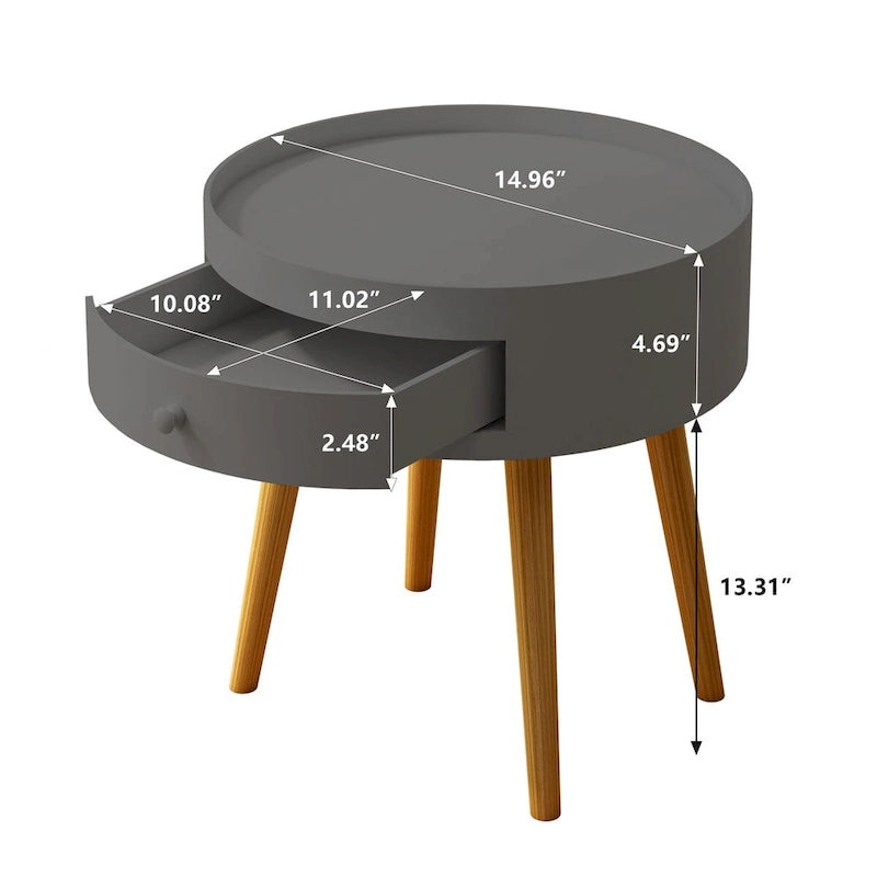 Table basse moderne avec tiroir, table de chevet, table d'appoint de canapé, pieds de table en chêne, convient pour le salon et la chambre à coucher, gris