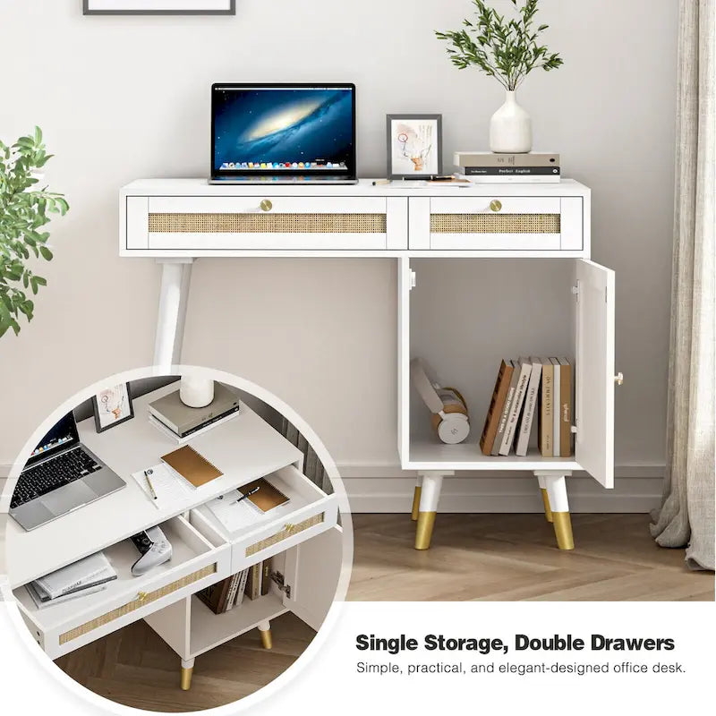 Bureau informatique avec 2 tiroirs, bureau moderne en rotin pour la maison avec caisson de classement