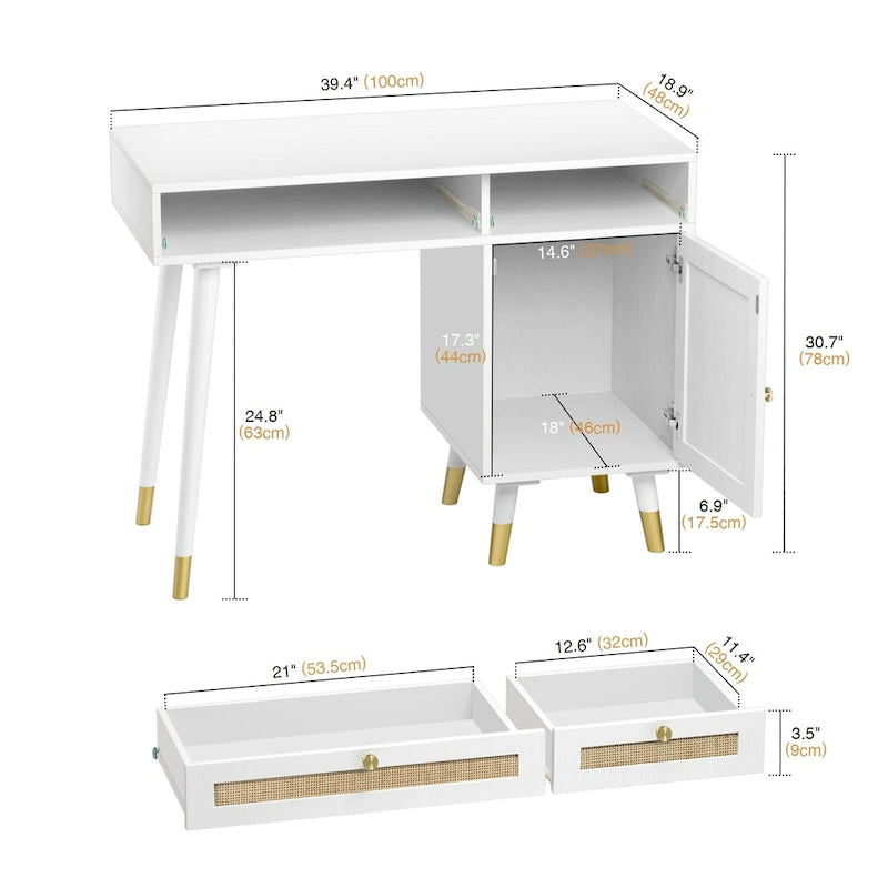 Bureau informatique avec 2 tiroirs, bureau moderne en rotin pour la maison avec caisson de classement