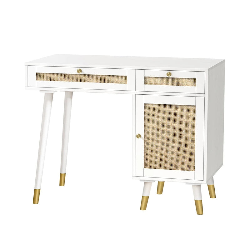 Bureau informatique avec 2 tiroirs, bureau moderne en rotin pour la maison avec caisson de classement