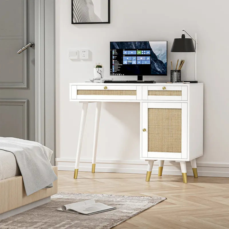 Bureau informatique avec 2 tiroirs, bureau moderne en rotin pour la maison avec caisson de classement