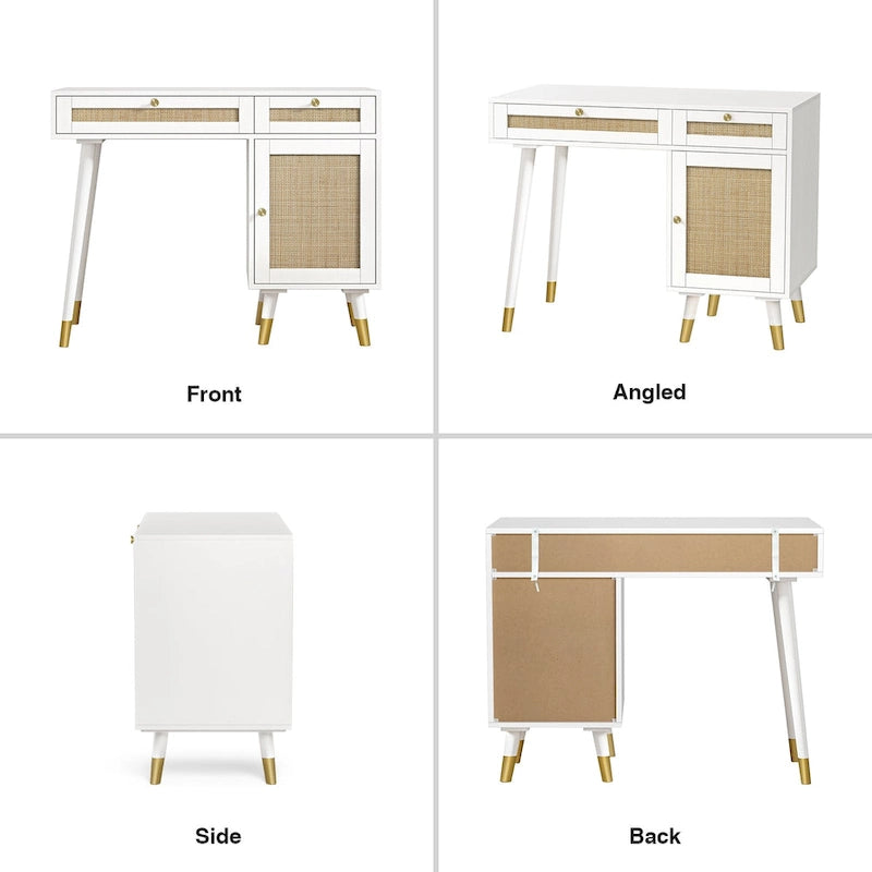 Bureau informatique avec 2 tiroirs, bureau moderne en rotin pour la maison avec caisson de classement
