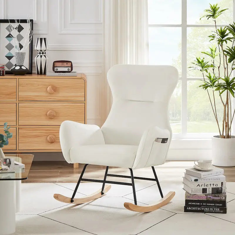 Fauteuil à bascule en tissu Teddy pour le salon