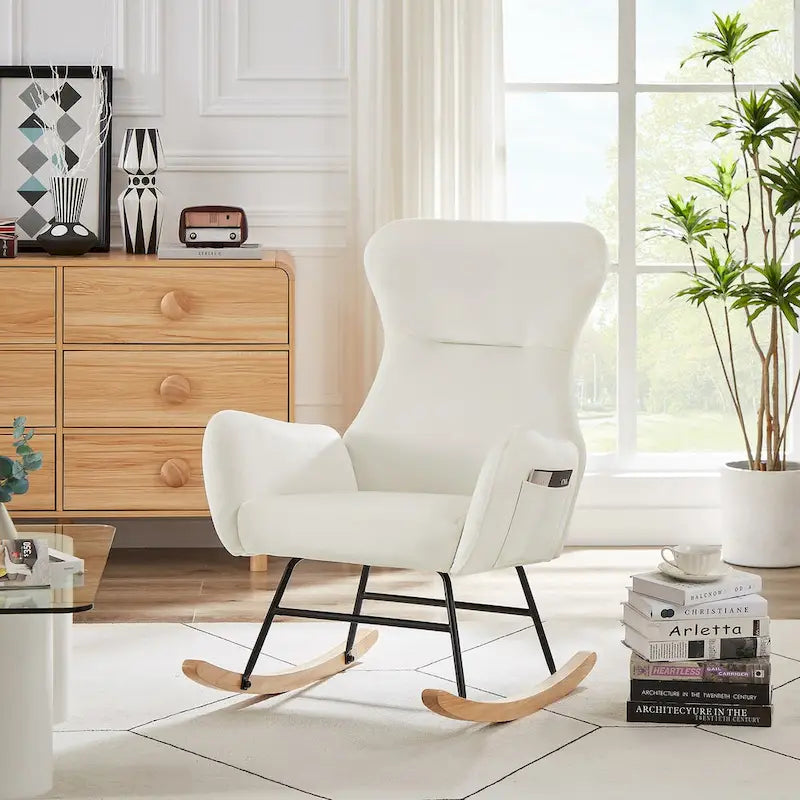 Fauteuil à bascule en tissu Teddy pour le salon