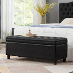 Banc de rangement capitonné noir avec revêtement en similicuir et pieds en bois tournés, Banc Ottoman de rangement