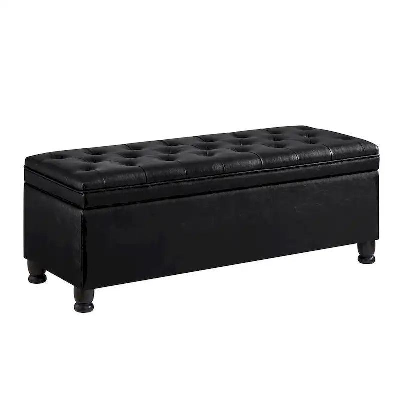 Banc de rangement capitonné noir avec revêtement en similicuir et pieds en bois tournés, Banc Ottoman de rangement