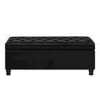 Banc de rangement capitonné noir avec revêtement en similicuir et pieds en bois tournés, Banc Ottoman de rangement