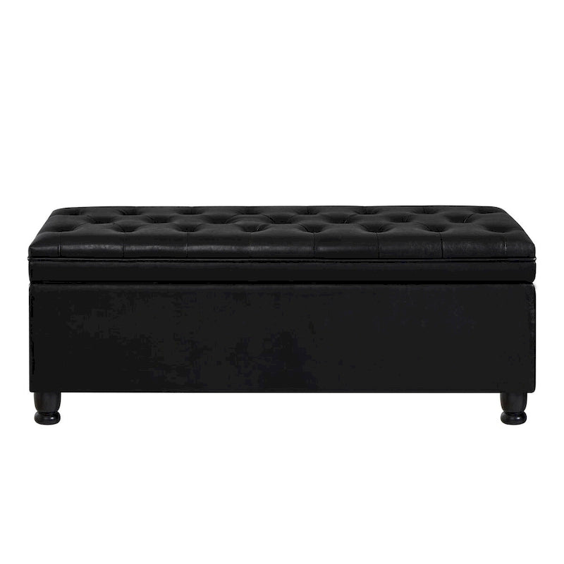 Banc de rangement capitonné noir avec revêtement en similicuir et pieds en bois tournés, Banc Ottoman de rangement