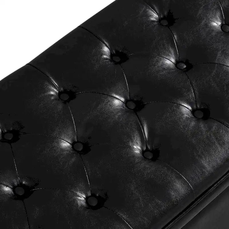 Banc de rangement capitonné noir avec revêtement en similicuir et pieds en bois tournés, Banc Ottoman de rangement