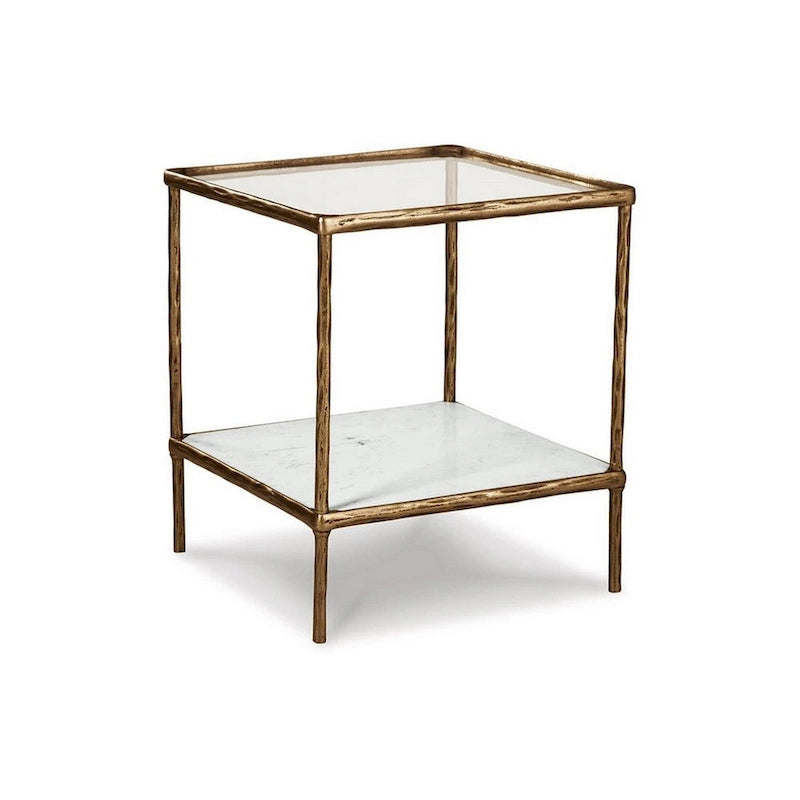 Table d'appoint Dalie 25 pouces, plateau en verre carré, marbre, or antique