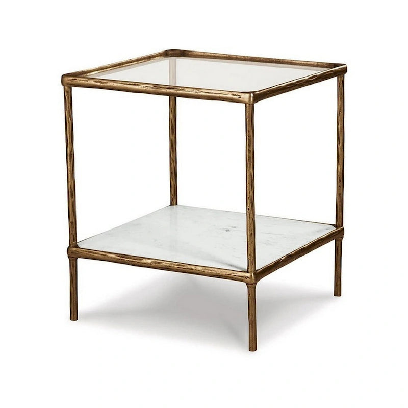 Table d'appoint Dalie 25 pouces, plateau en verre carré, marbre, or antique