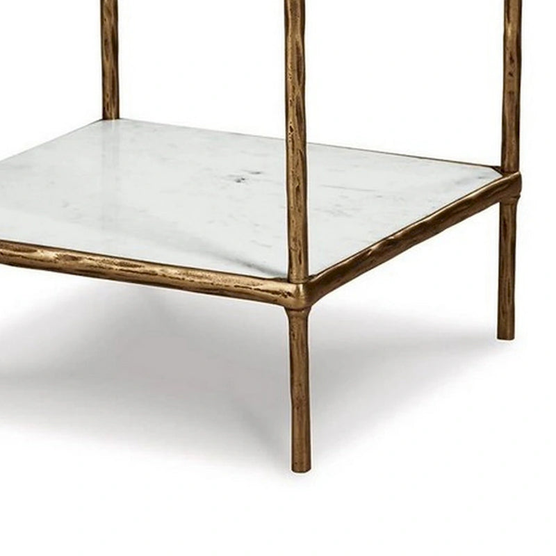 Table d'appoint Dalie 25 pouces, plateau en verre carré, marbre, or antique