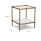 Table d'appoint Dalie 25 pouces, plateau en verre carré, marbre, or antique
