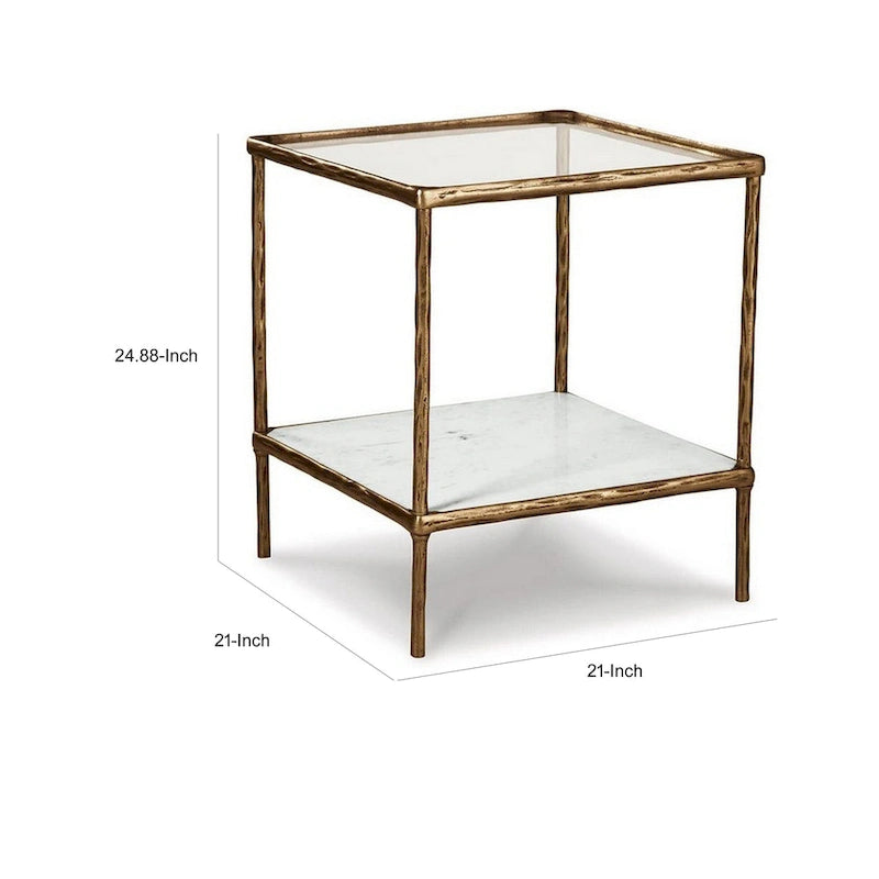 Table d'appoint Dalie 25 pouces, plateau en verre carré, marbre, or antique