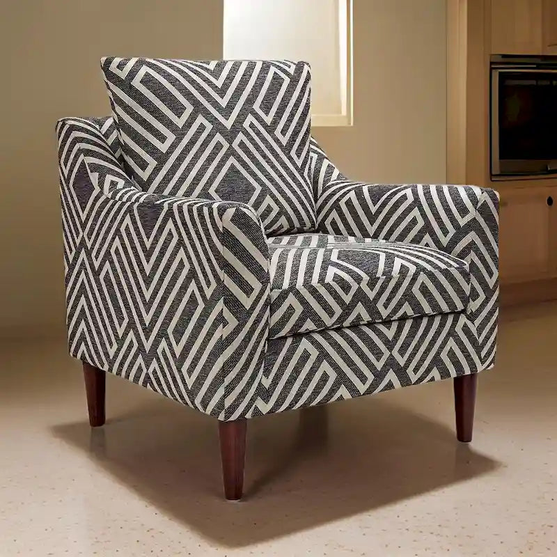 Fauteuil Morris, Gris, Motif géométrique blanc, Polyester, Bois marron
