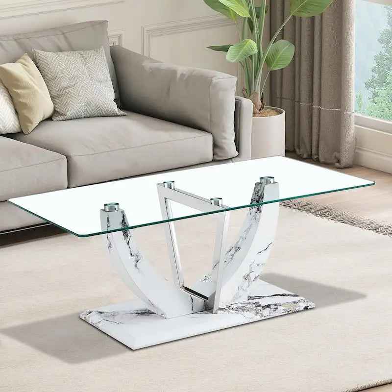 Table basse rectangulaire moderne et élégante avec plateau en verre et base en bois