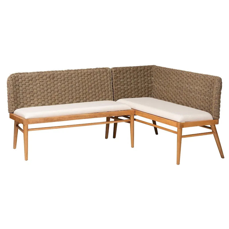 Ensemble banquette de coin repas 2 pièces Denver en bois d'acacia et herbe de mer naturelle, style bohème moderne