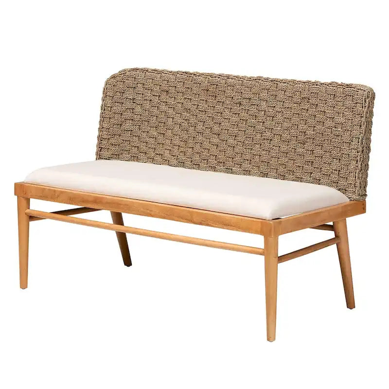 Ensemble banquette de coin repas 2 pièces Denver en bois d'acacia et herbe de mer naturelle, style bohème moderne