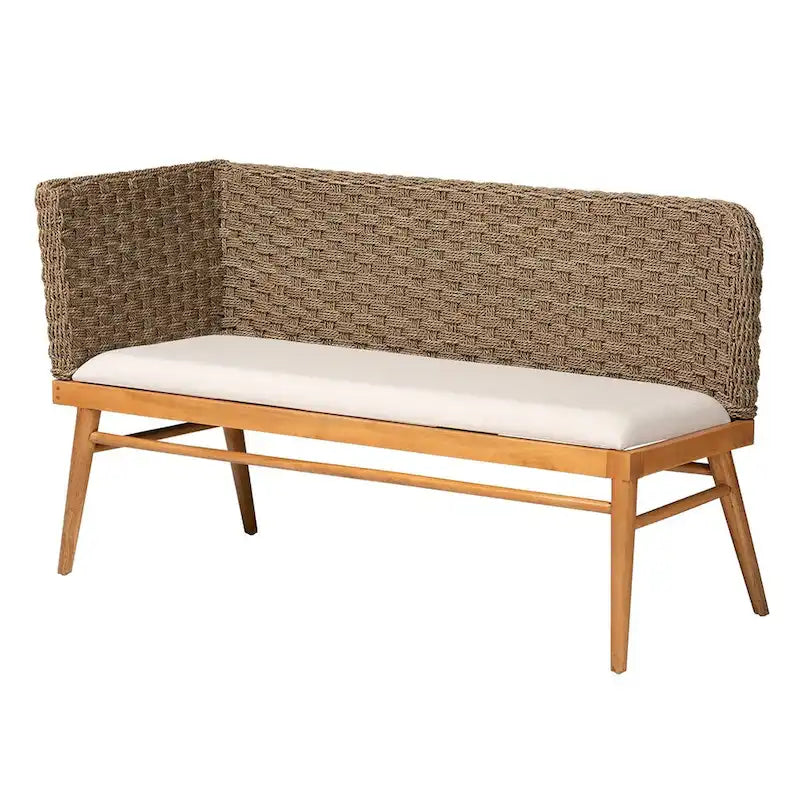 Ensemble banquette de coin repas 2 pièces Denver en bois d'acacia et herbe de mer naturelle, style bohème moderne