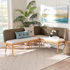 Ensemble banquette de coin repas 2 pièces Denver en bois d'acacia et herbe de mer naturelle, style bohème moderne
