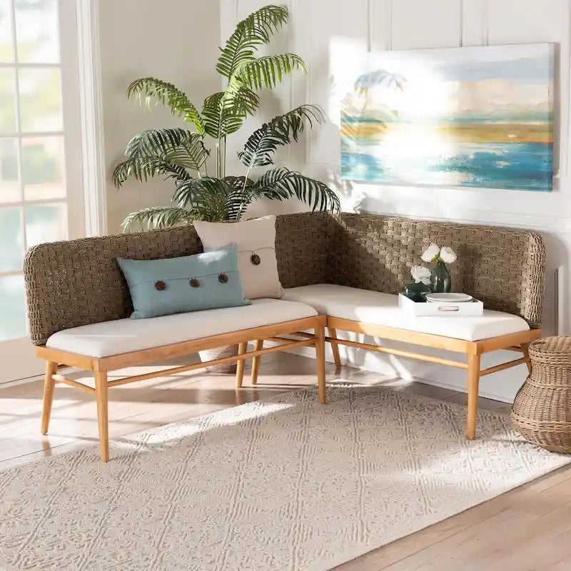 Ensemble banquette de coin repas 2 pièces Denver en bois d'acacia et herbe de mer naturelle, style bohème moderne
