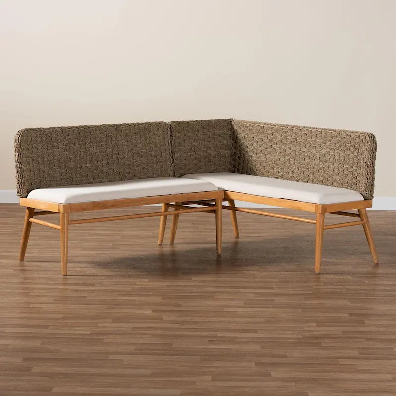 Ensemble banquette de coin repas 2 pièces Denver en bois d'acacia et herbe de mer naturelle, style bohème moderne