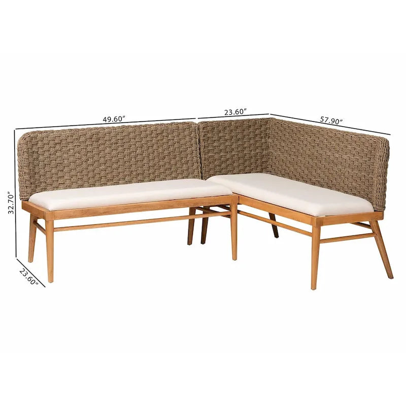 Ensemble banquette de coin repas 2 pièces Denver en bois d'acacia et herbe de mer naturelle, style bohème moderne