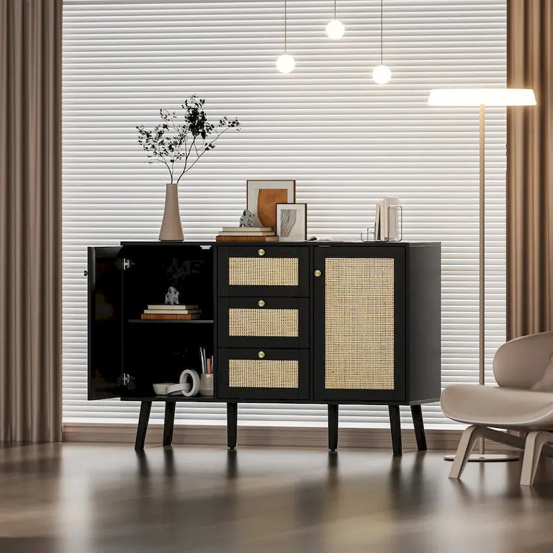 Anmytek Buffet bahut moderne en bois et rotin noir, avec 3 tiroirs et 2 portes