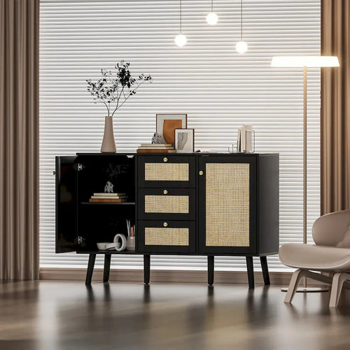 Anmytek Buffet bahut moderne en bois et rotin noir, avec 3 tiroirs et 2 portes