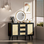 Anmytek Buffet bahut moderne en bois et rotin noir, avec 3 tiroirs et 2 portes