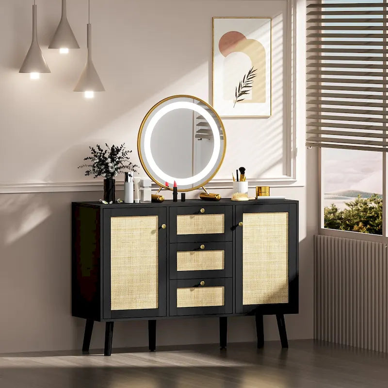 Anmytek Buffet bahut moderne en bois et rotin noir, avec 3 tiroirs et 2 portes