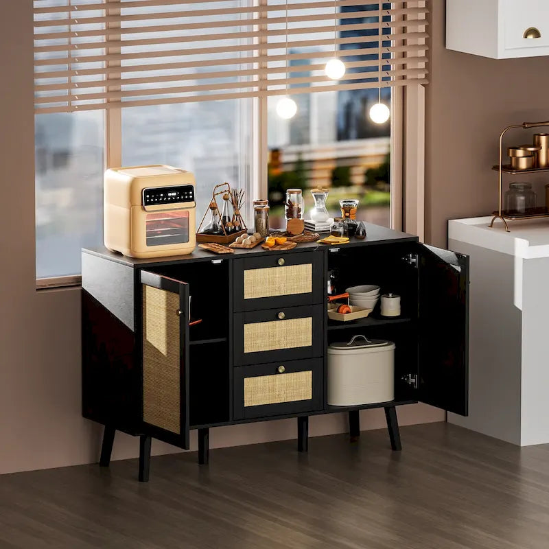 Anmytek Buffet bahut moderne en bois et rotin noir, avec 3 tiroirs et 2 portes