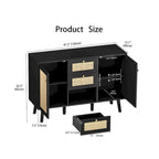 Anmytek Buffet bahut moderne en bois et rotin noir, avec 3 tiroirs et 2 portes