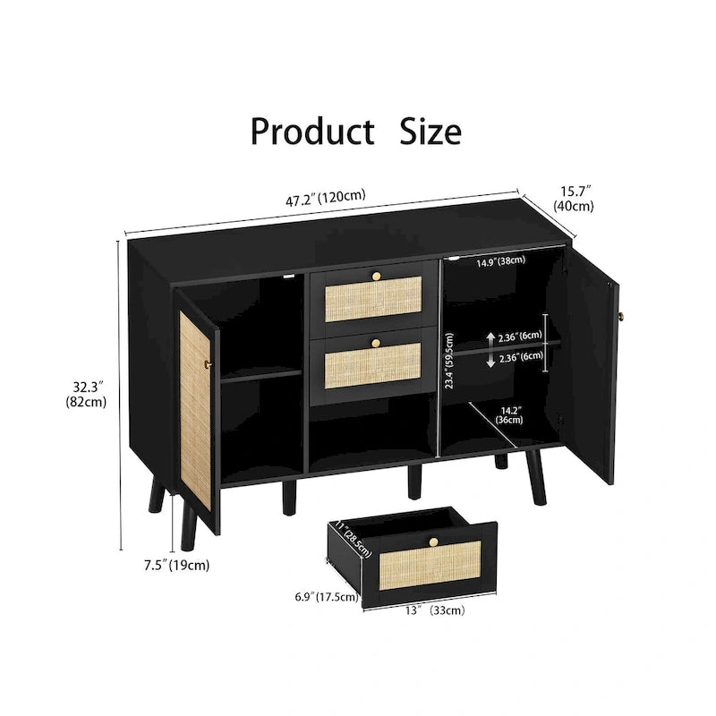 Anmytek Buffet bahut moderne en bois et rotin noir, avec 3 tiroirs et 2 portes