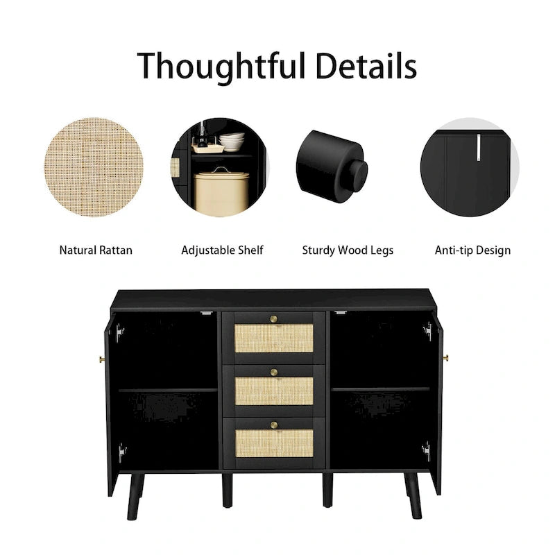 Anmytek Buffet bahut moderne en bois et rotin noir, avec 3 tiroirs et 2 portes