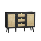 Anmytek Buffet bahut moderne en bois et rotin noir, avec 3 tiroirs et 2 portes