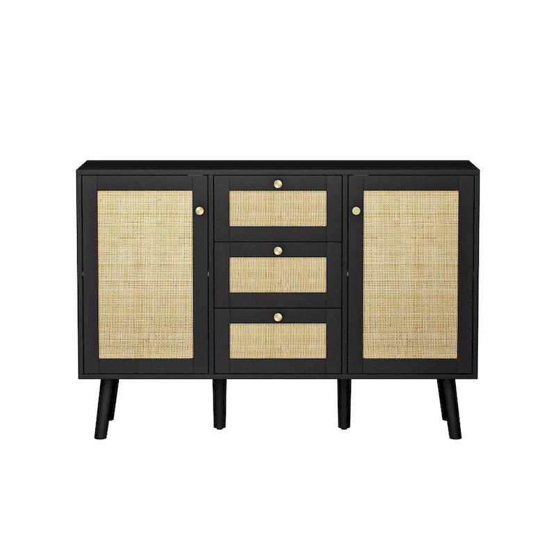 Anmytek Buffet bahut moderne en bois et rotin noir, avec 3 tiroirs et 2 portes