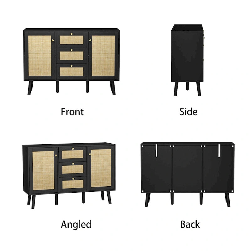 Anmytek Buffet bahut moderne en bois et rotin noir, avec 3 tiroirs et 2 portes