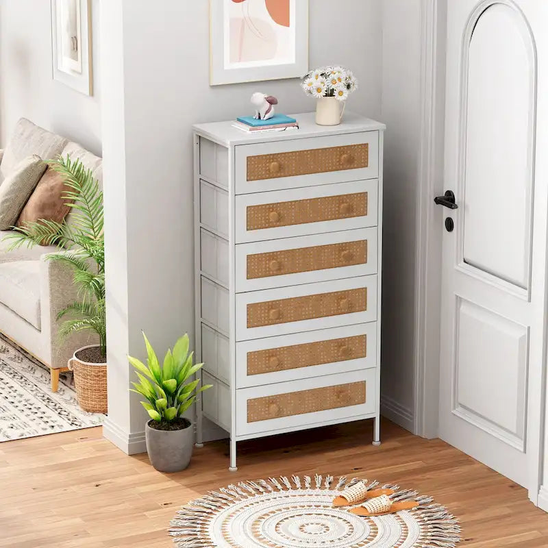 Commode à 6 tiroirs, tour de rangement en rotin PE, meuble de rangement