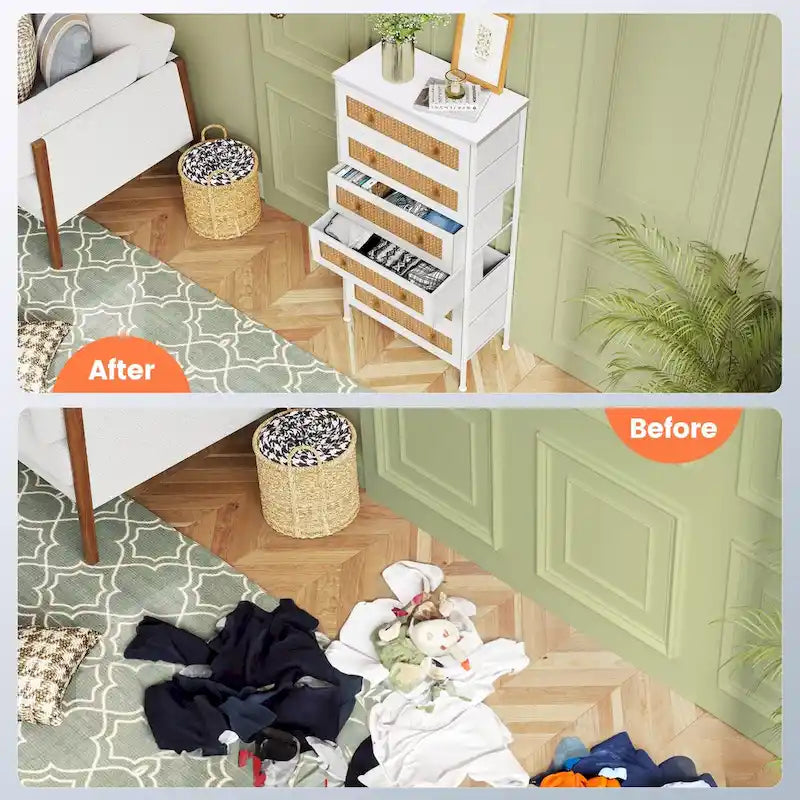 Commode à 6 tiroirs, tour de rangement en rotin PE, meuble de rangement