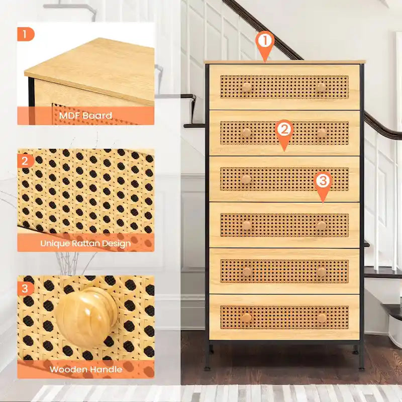 Commode à 6 tiroirs, tour de rangement en rotin PE, meuble de rangement