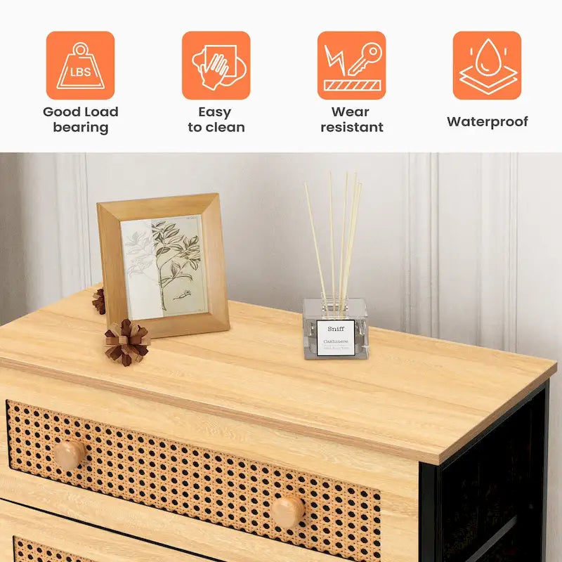 Commode à 6 tiroirs, tour de rangement en rotin PE, meuble de rangement
