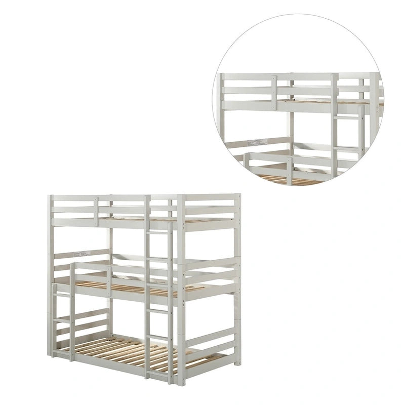 Lit superposé triple en bois de taille double, fini gris clair