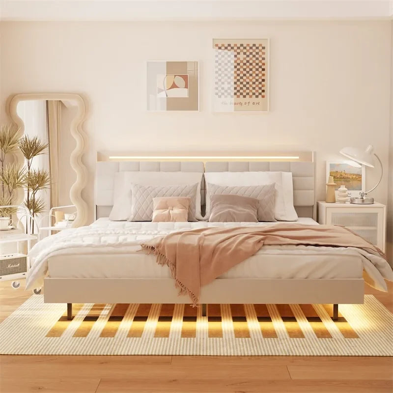 Lit plateforme rembourré avec tête de lit et station de recharge, format Queen Size, avec LED